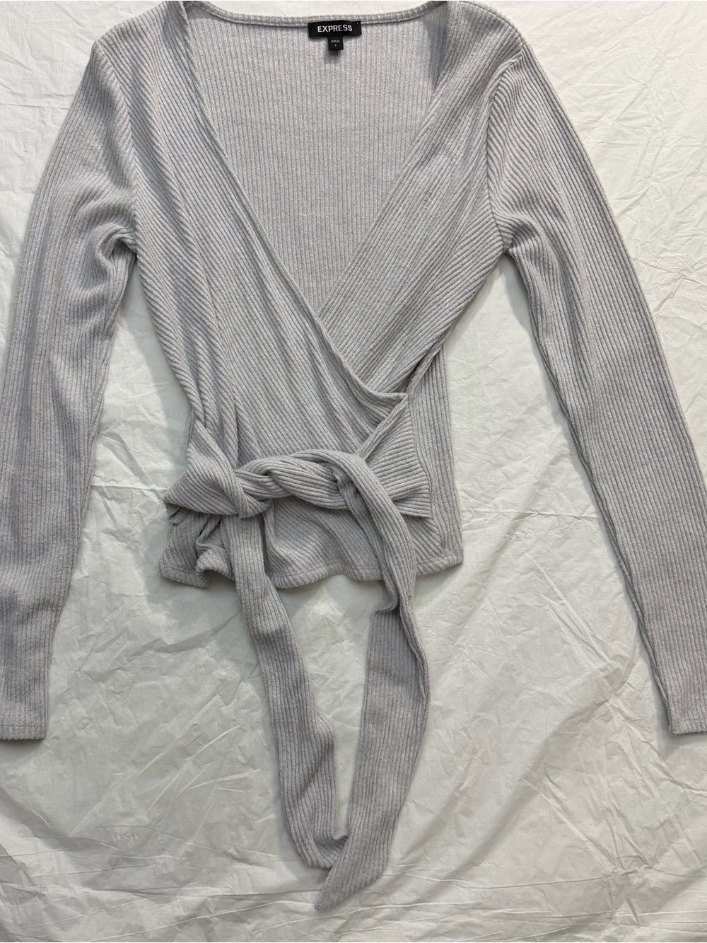 Express Light Gray Ribbed Wrap Tie-Front Long Sleeve Top - Picture 2 of 6